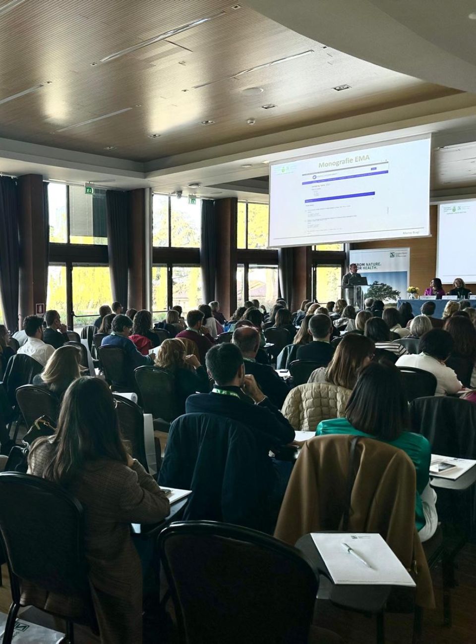 Sala conferenze con numerosi partecipanti seduti che assistono a una presentazione proiettata sullo schermo, tenuta da un relatore in piedi sul palco.
